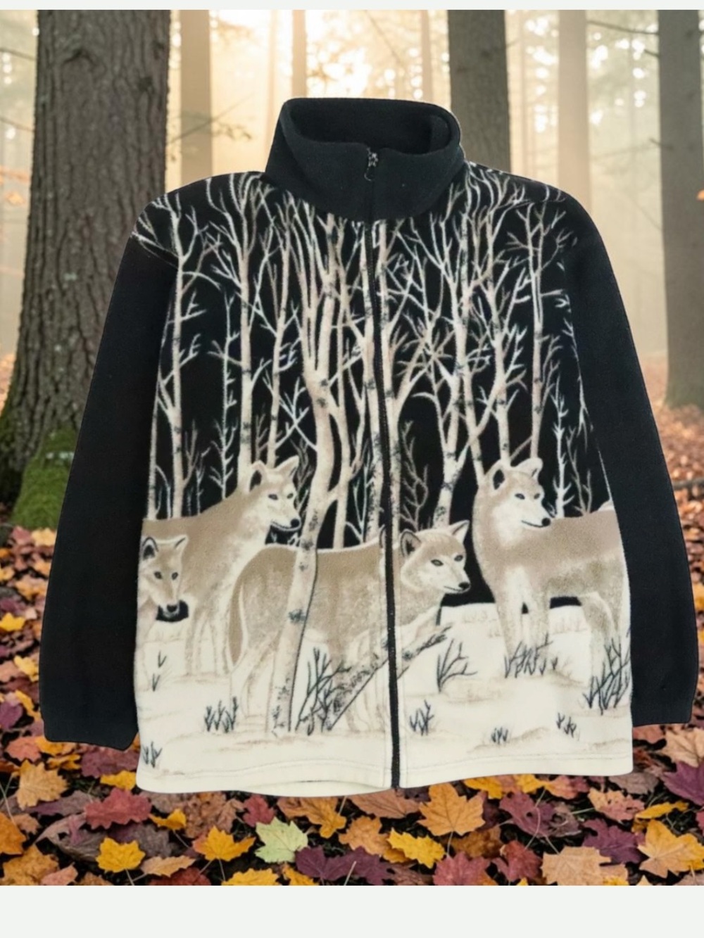 Vintage Wolf Forest All Over Print Fleece Jacket Size L  ZipUp Cozy
Vintage 90’s